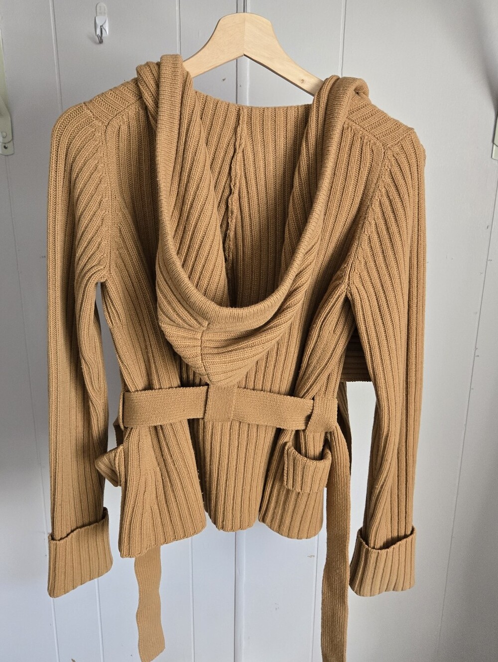 L.A.M.B. Womens S Camel Ribbed Knit Belted Hooded Jacket - Picture 6 of 11